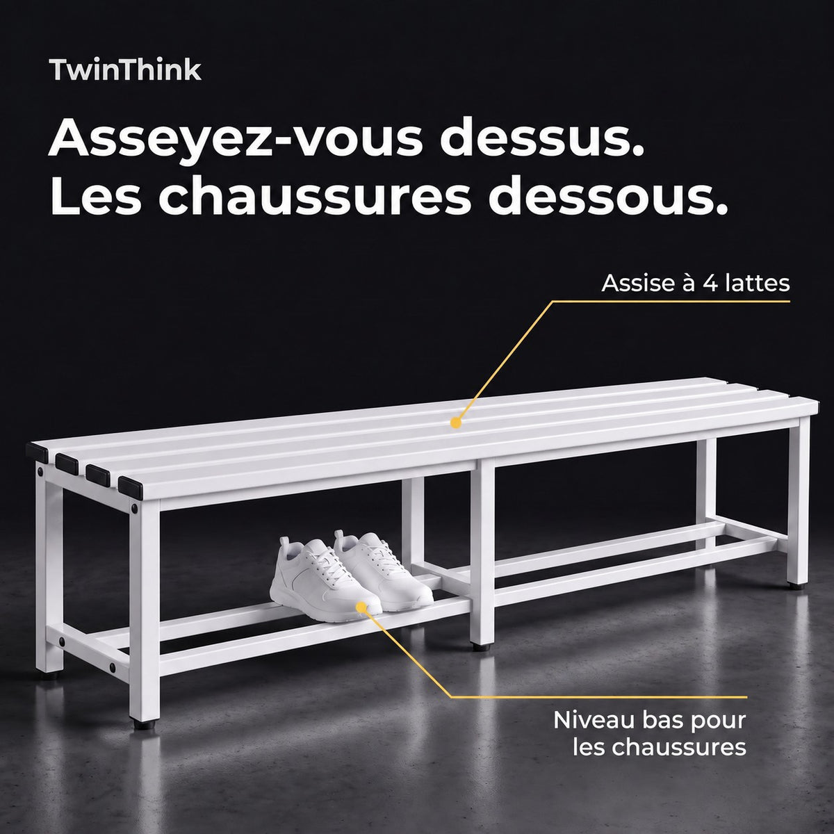 Banc de vestiaire métallique, 150×32×45 cm en blanc Lunar White, assise à 4 lattes et niveau bas pour les chaussures