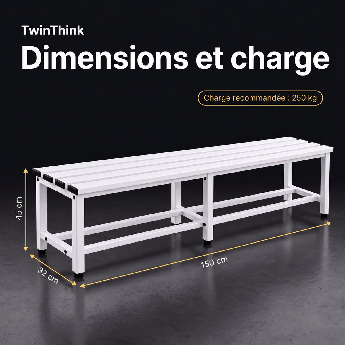 Banc de vestiaire métallique, 150×32×45 cm en blanc Lunar White, dimensions et charge recommandée
