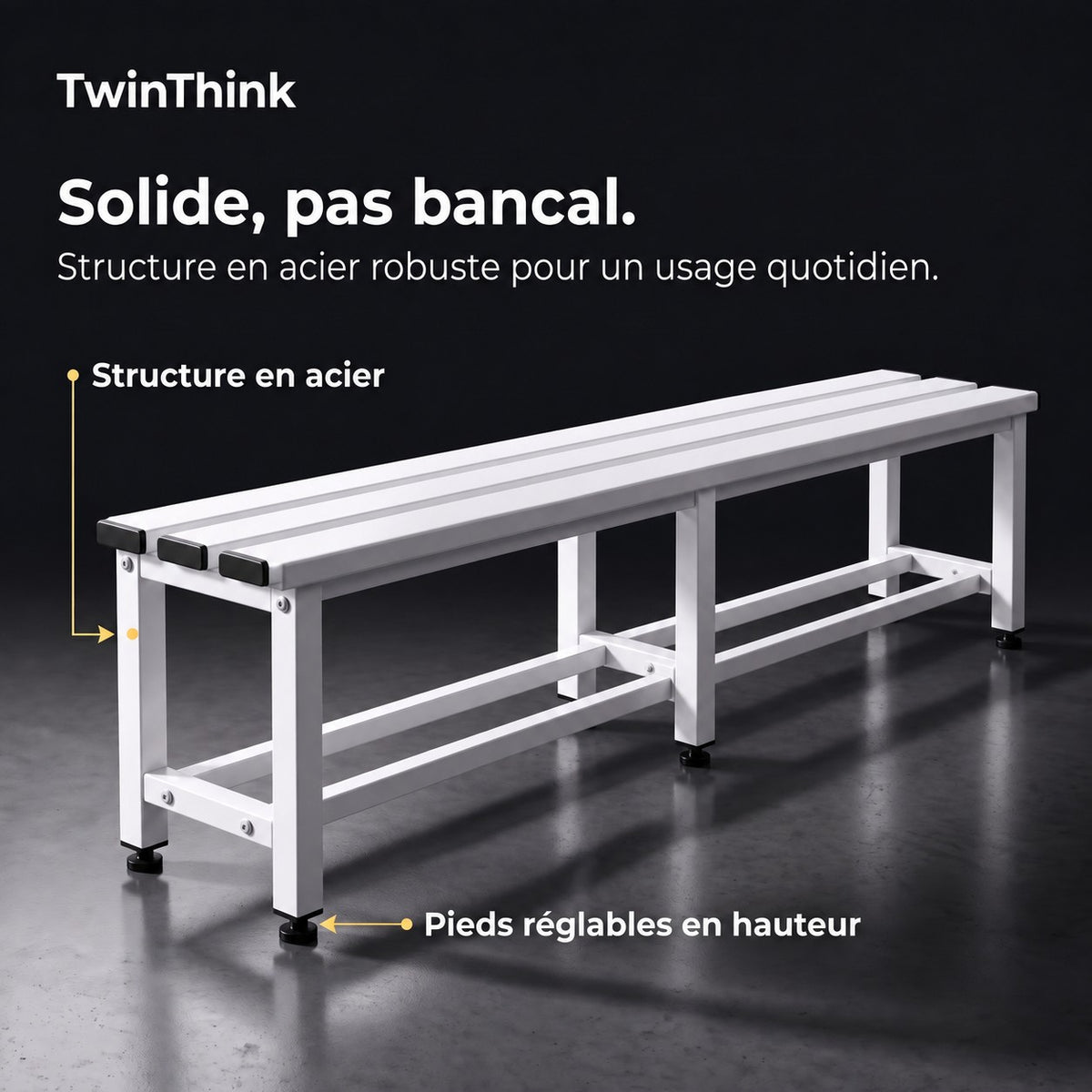 Banc de vestiaire métallique, 150×32×45 cm en blanc Lunar White, structure en acier