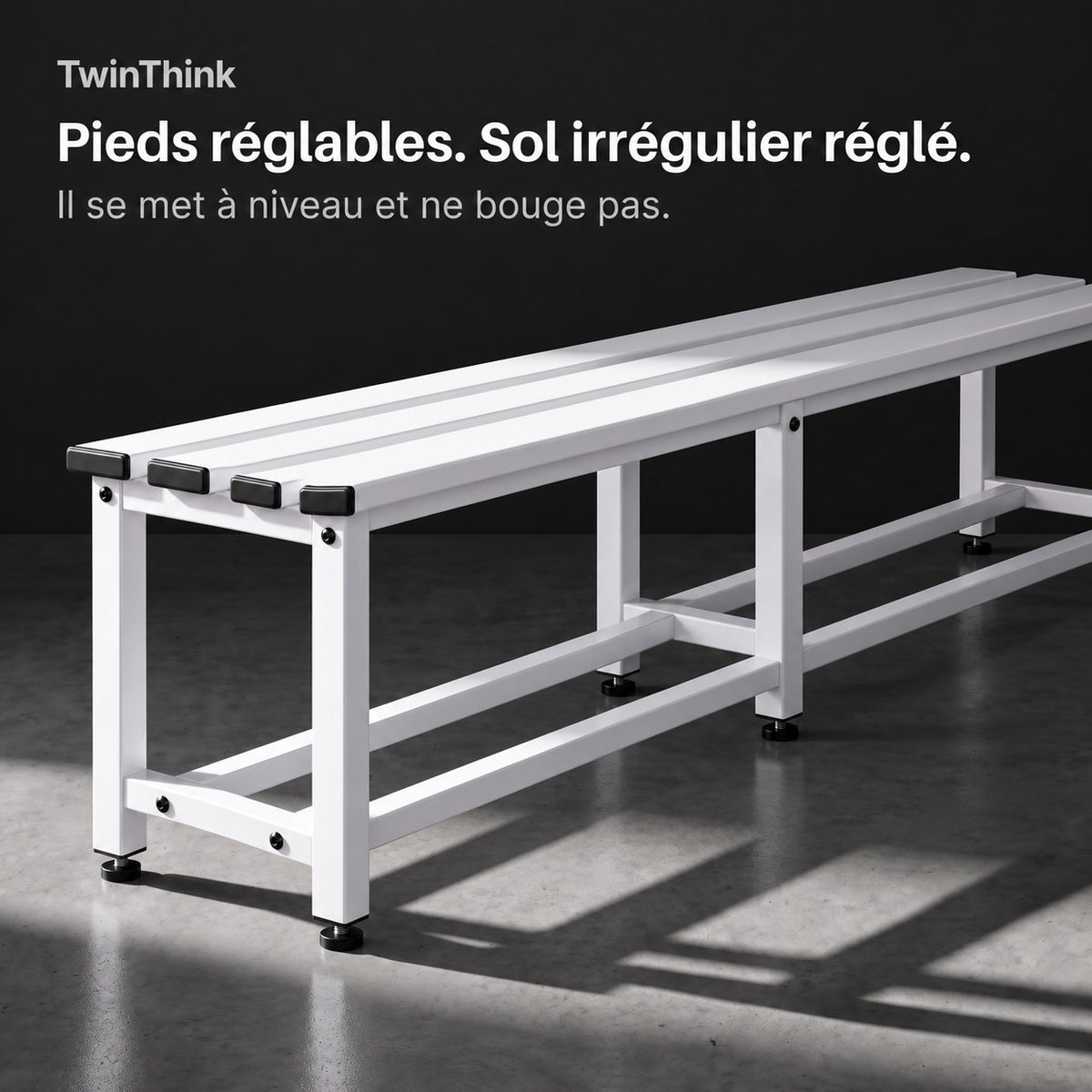 Banc de vestiaire métallique, 150×32×45 cm en blanc Lunar White, pieds réglables en hauteur