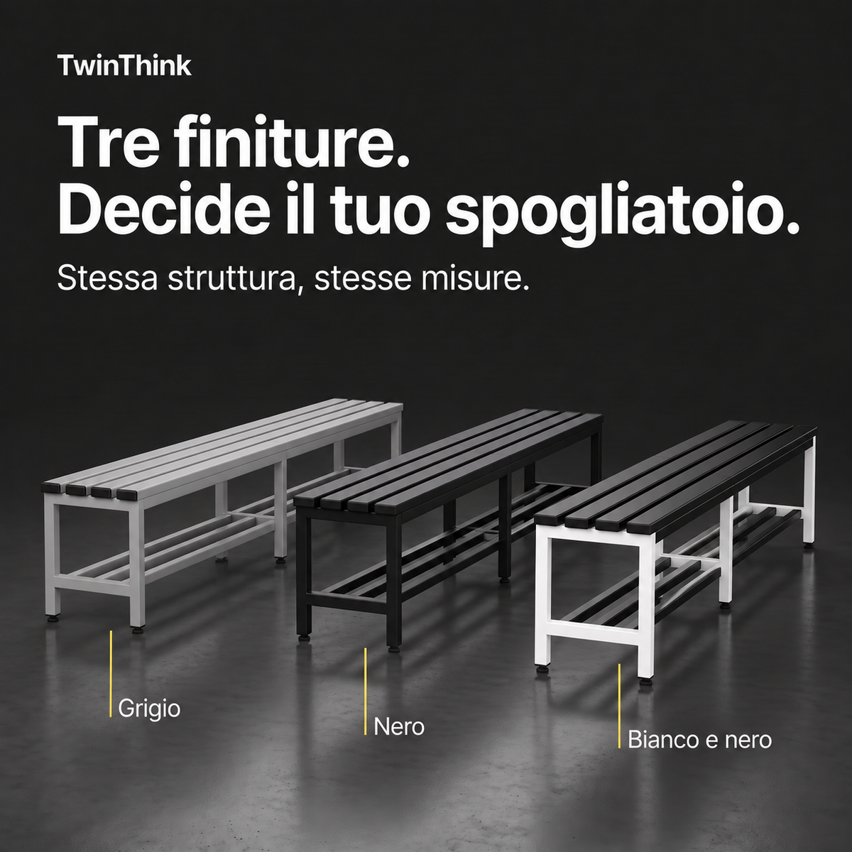 Panca da spogliatoio in metallo, 150×32×45 cm in bianco Lunar White, le tre finiture: grigio, nero, bianco e nero