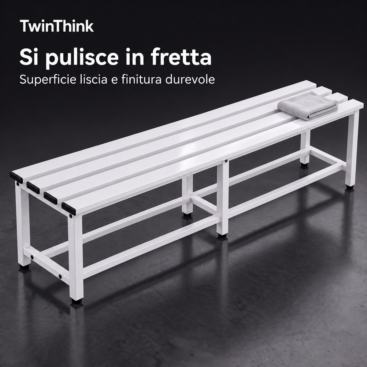 Panca da spogliatoio in metallo, 150×32×45 cm in bianco Lunar White, superficie liscia che si pulisce in fretta