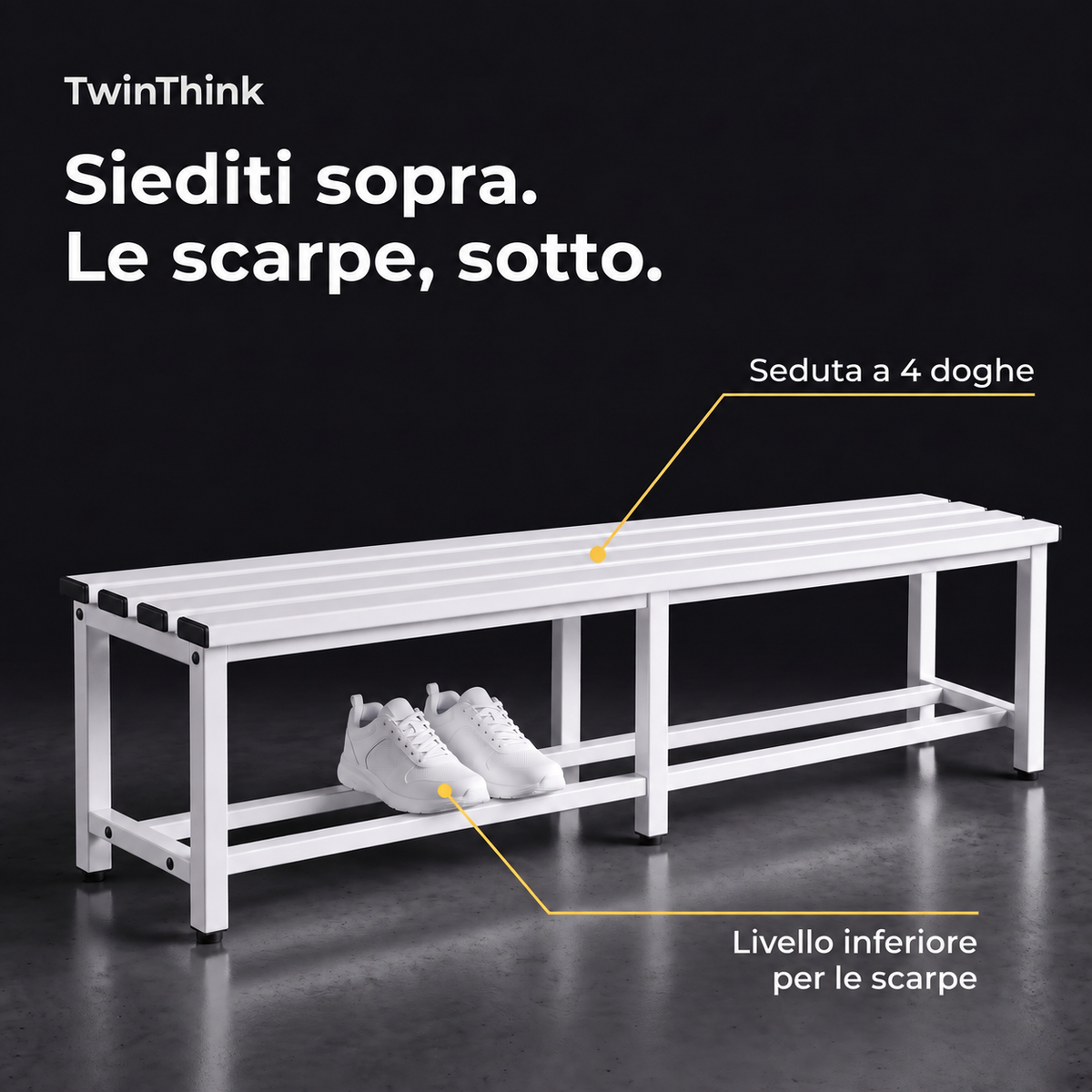Panca da spogliatoio in metallo, 150×32×45 cm in bianco Lunar White, seduta a 4 doghe e ripiano inferiore per le scarpe