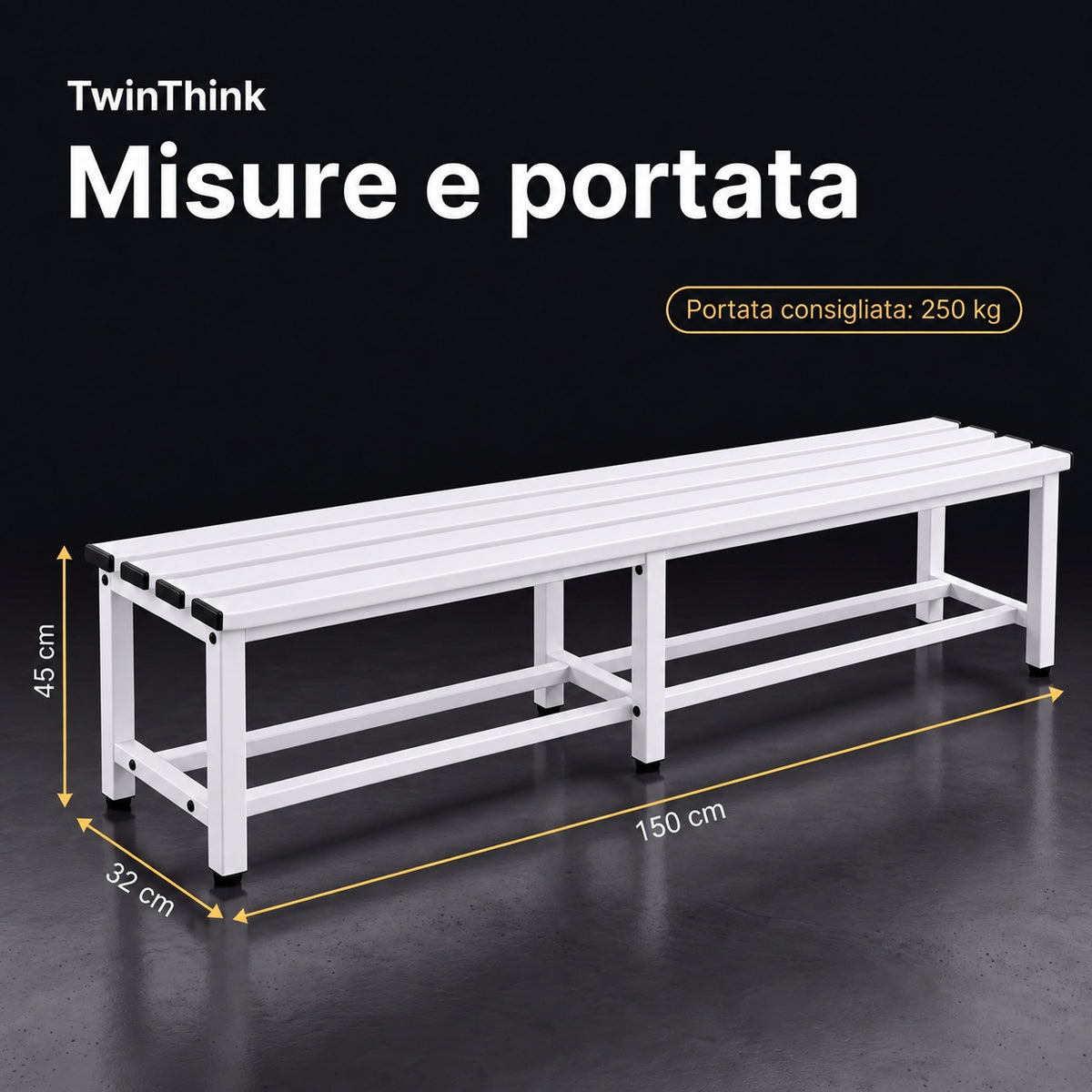 Panca da spogliatoio in metallo, 150×32×45 cm in bianco Lunar White, misure e portata consigliata