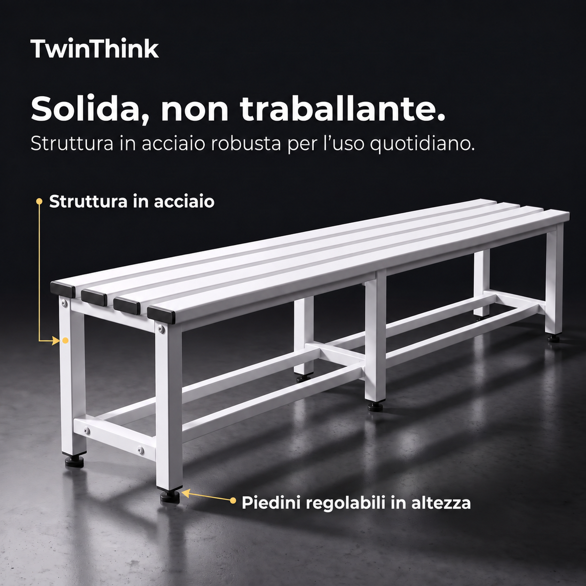 Panca da spogliatoio in metallo, 150×32×45 cm in bianco Lunar White, struttura in acciaio