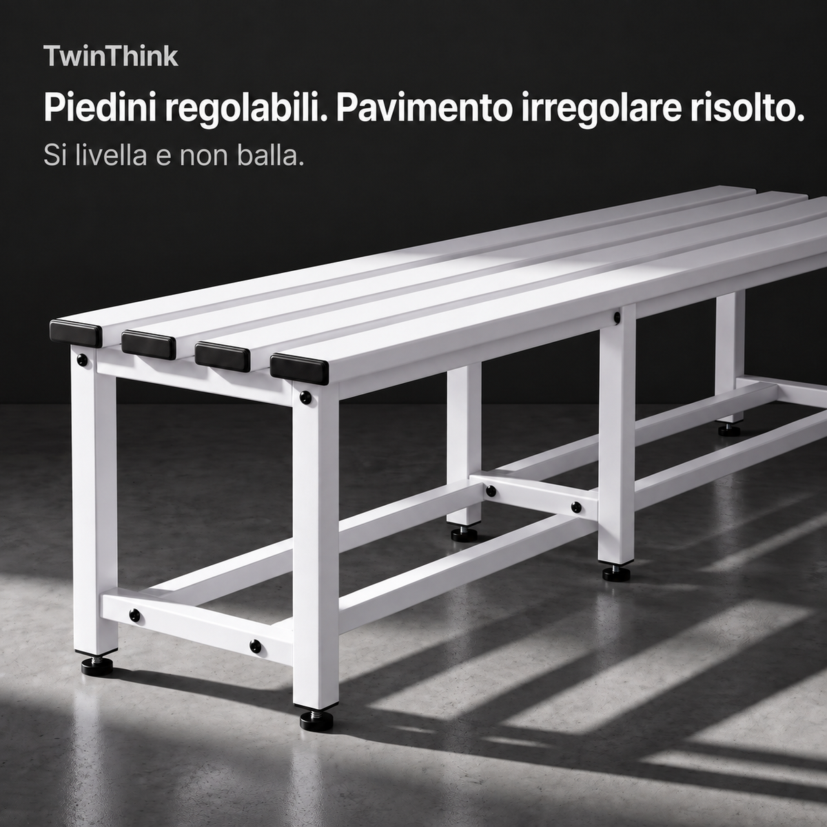 Panca da spogliatoio in metallo, 150×32×45 cm in bianco Lunar White, piedini regolabili in altezza