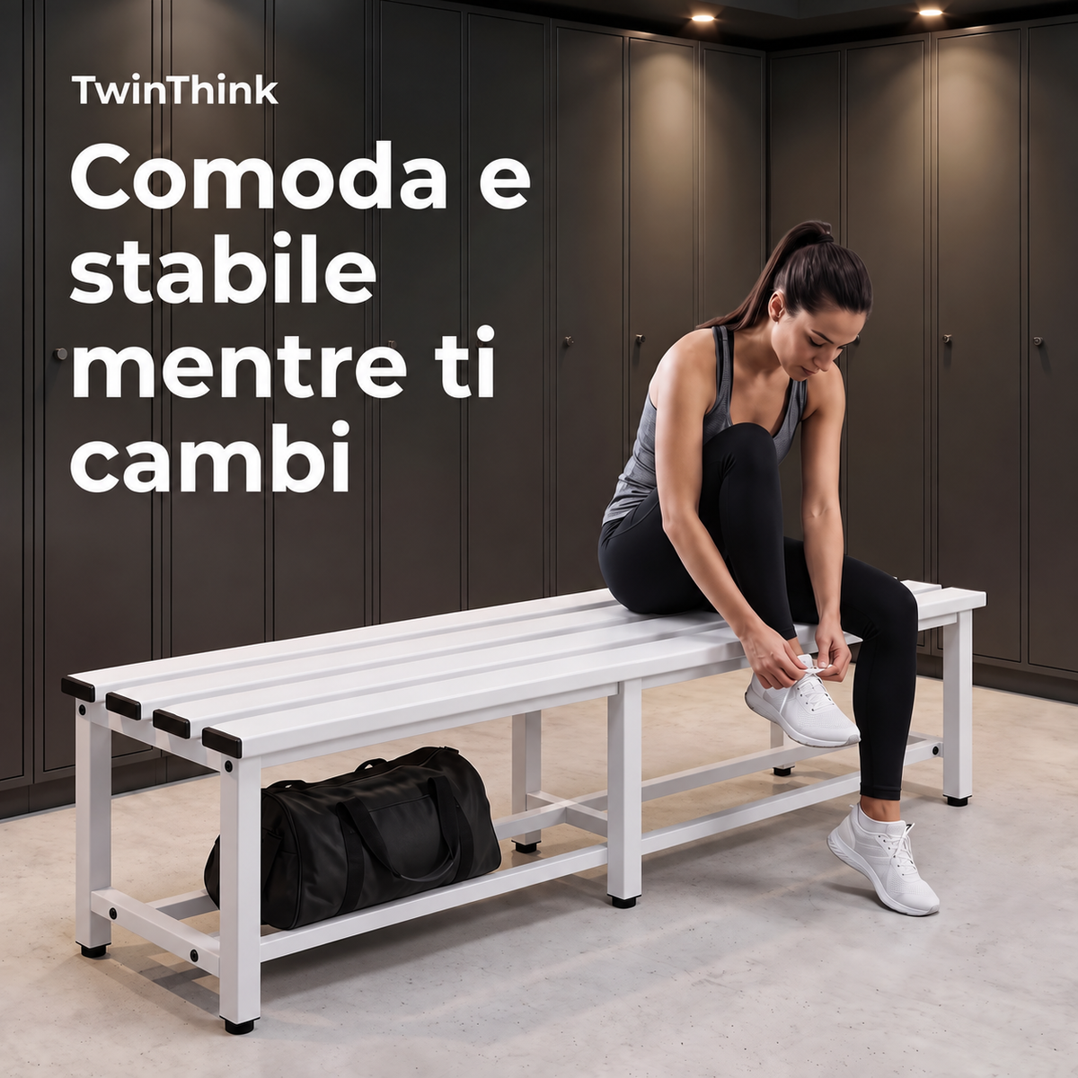 Panca da spogliatoio in metallo, 150×32×45 cm in bianco Lunar White, in uno spogliatoio da palestra