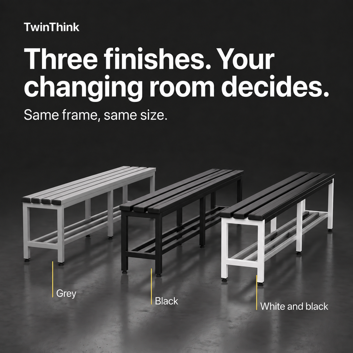 Metal changing room bench, 150×32×45 cm in black (Polar Black), the three finishes: grey, black, and white and black