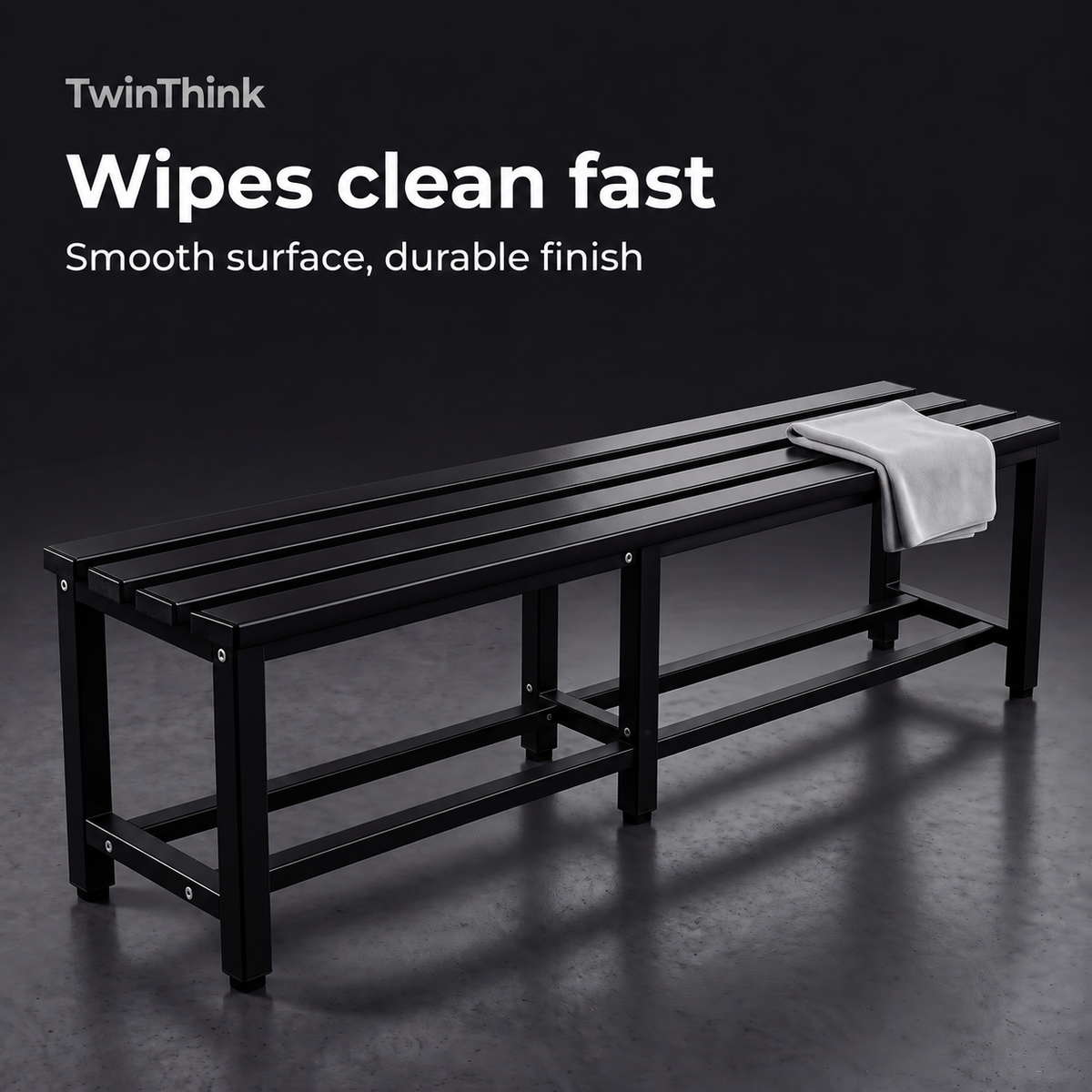 Metal changing room bench, 150×32×45 cm in black (Polar Black), smooth surface that wipes clean fast