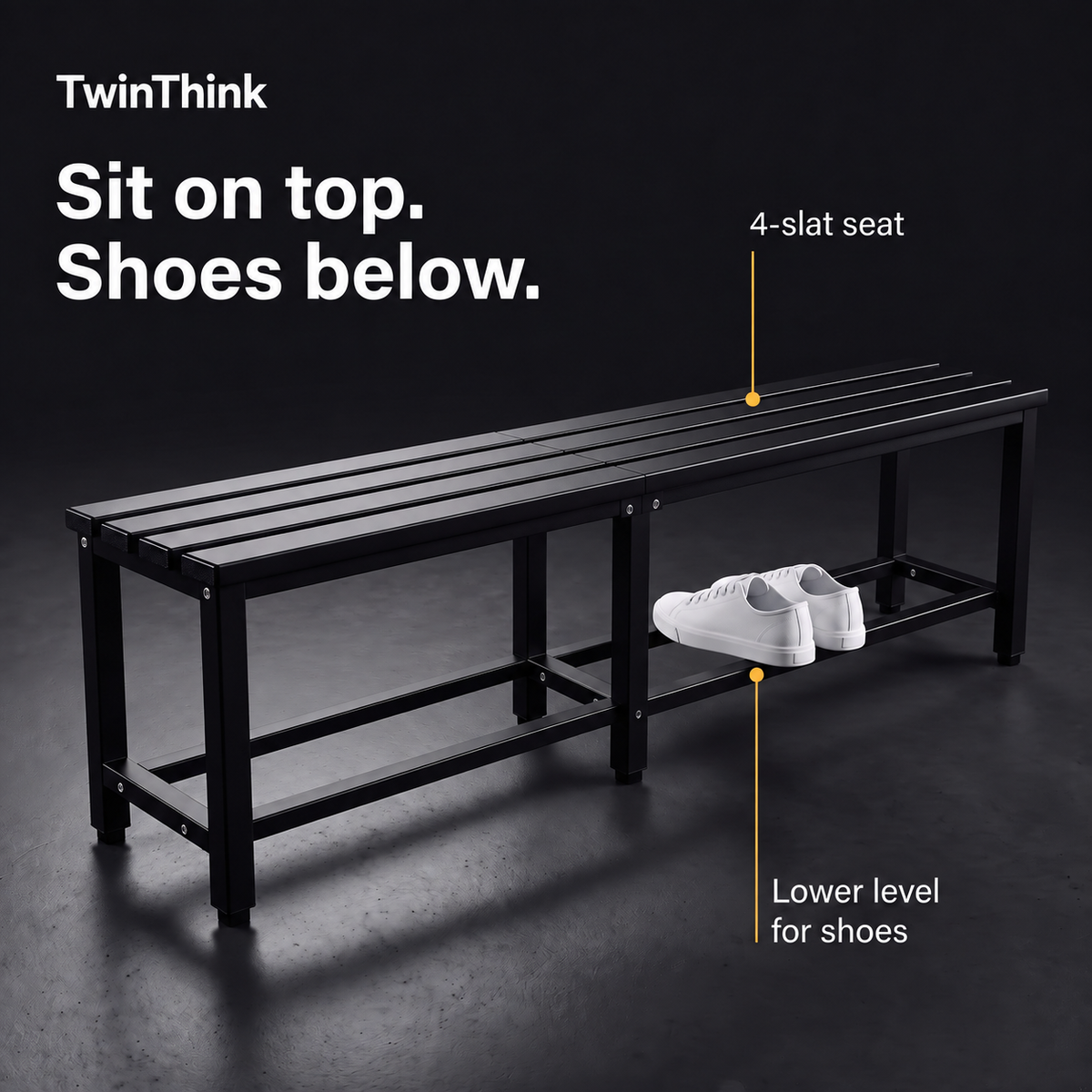 Metal changing room bench, 150×32×45 cm in black (Polar Black), 4-slat seat and lower shelf for shoes