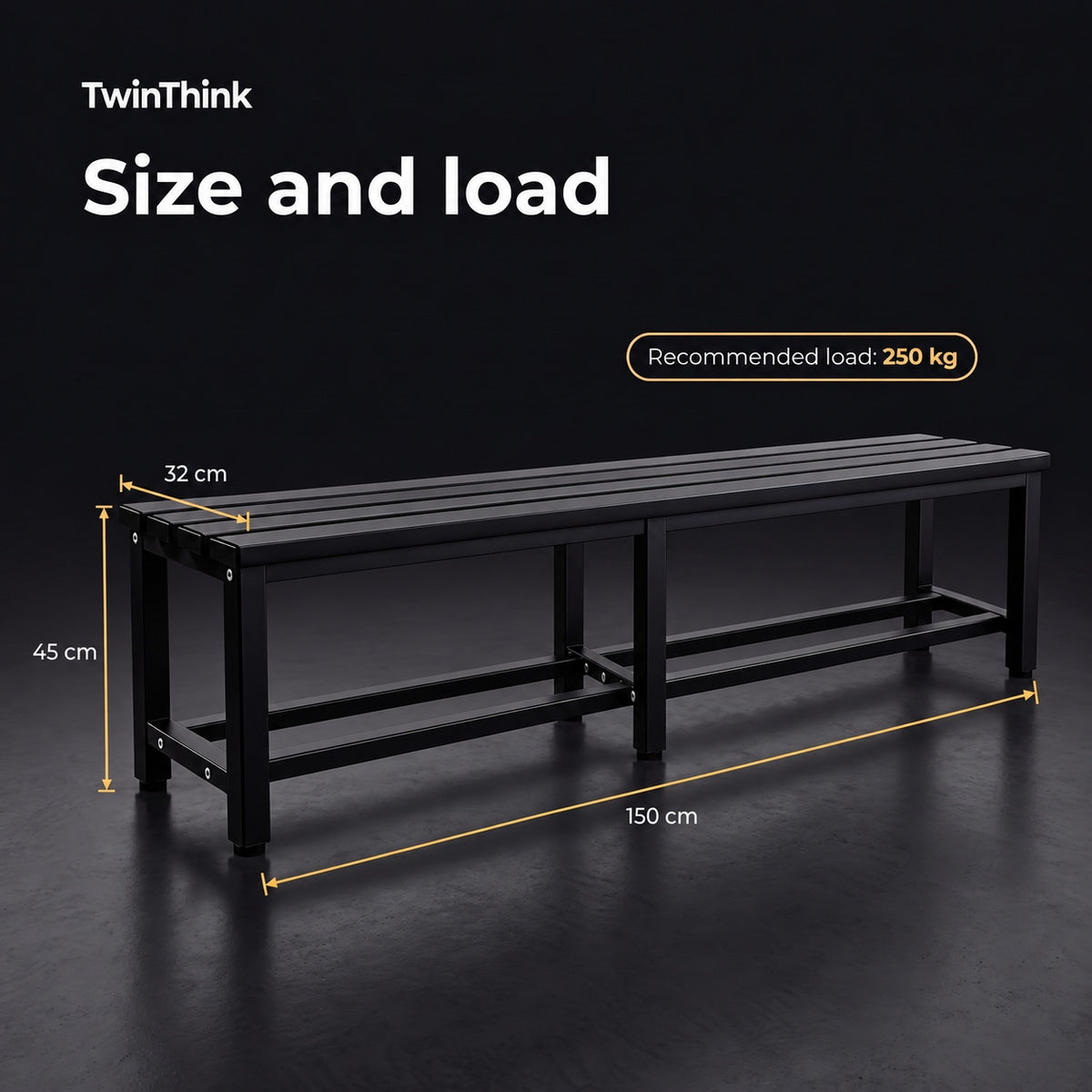 Metal changing room bench, 150×32×45 cm in black (Polar Black), dimensions and recommended load