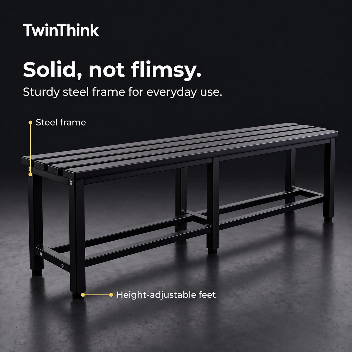 Metal changing room bench, 150×32×45 cm in black (Polar Black), steel frame