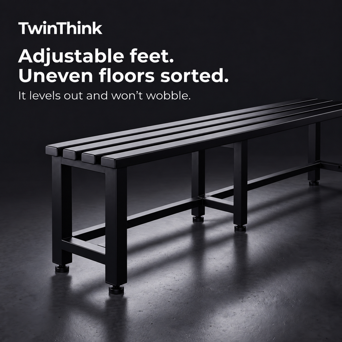 Metal changing room bench, 150×32×45 cm in black (Polar Black), height-adjustable feet