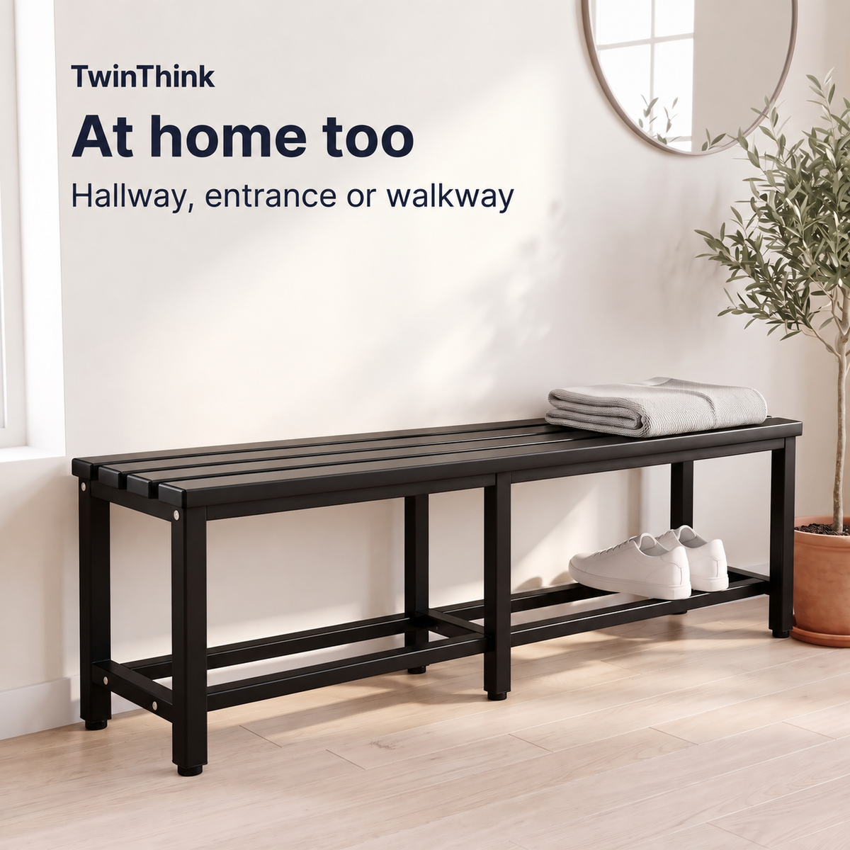 Metal changing room bench, 150×32×45 cm in black (Polar Black), in a home entryway