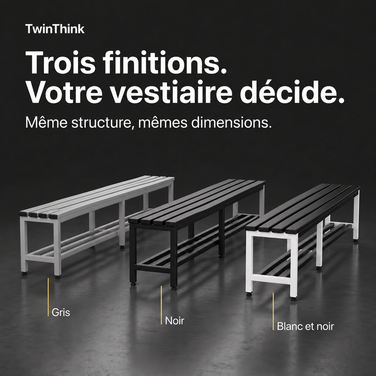Banc de vestiaire métallique, 150×32×45 cm en noir Polar Black, les trois finitions : gris, noir, blanc et noir