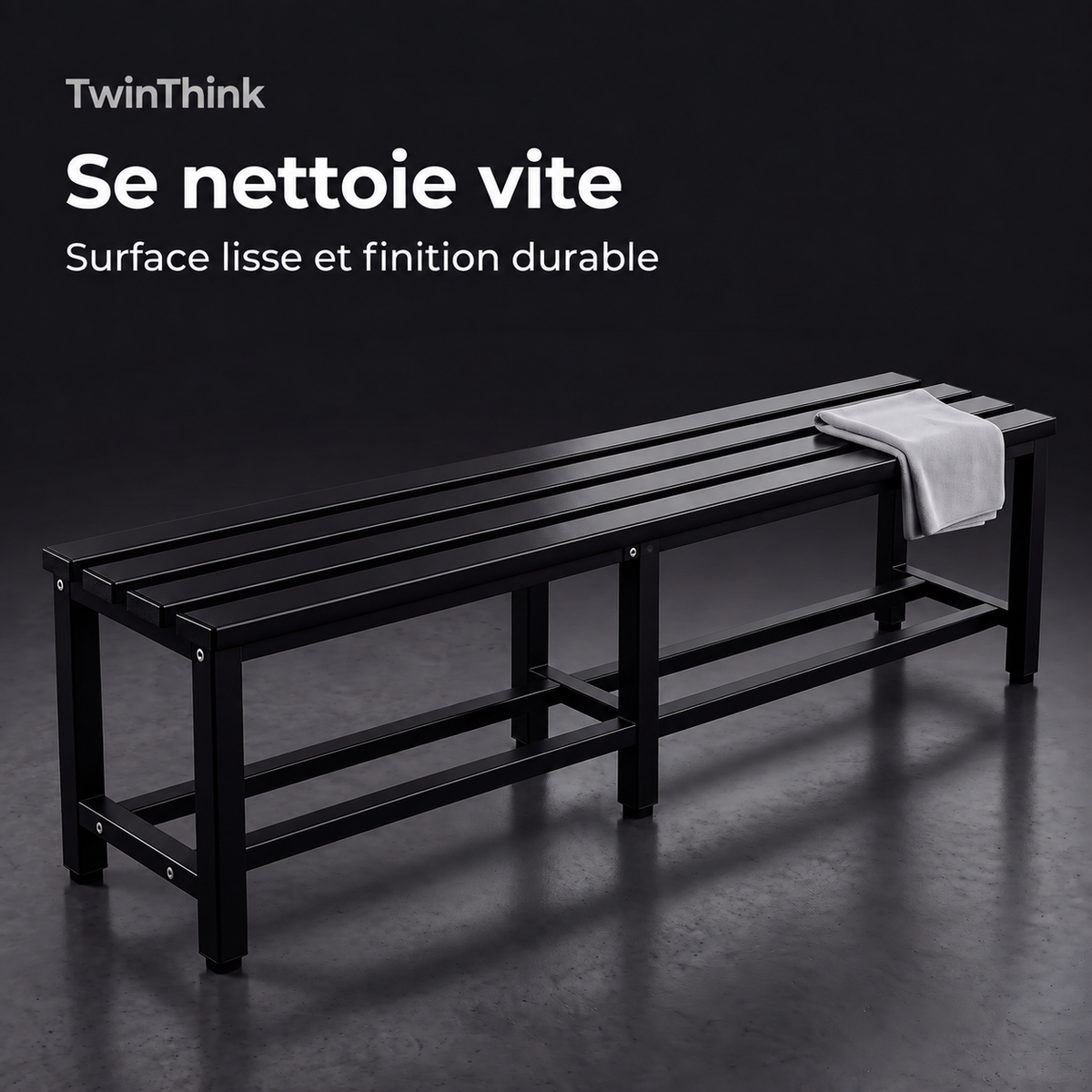 Banc de vestiaire métallique, 150×32×45 cm en noir Polar Black, surface lisse qui se nettoie vite