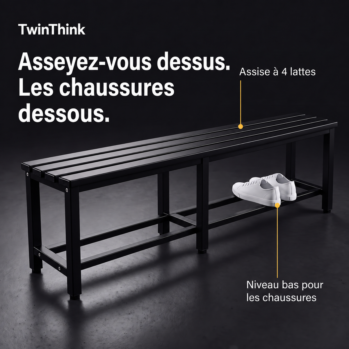 Banc de vestiaire métallique, 150×32×45 cm en noir Polar Black, assise à 4 lattes et niveau bas pour les chaussures