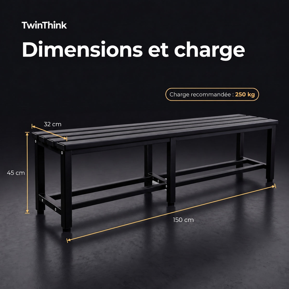Banc de vestiaire métallique, 150×32×45 cm en noir Polar Black, dimensions et charge recommandée