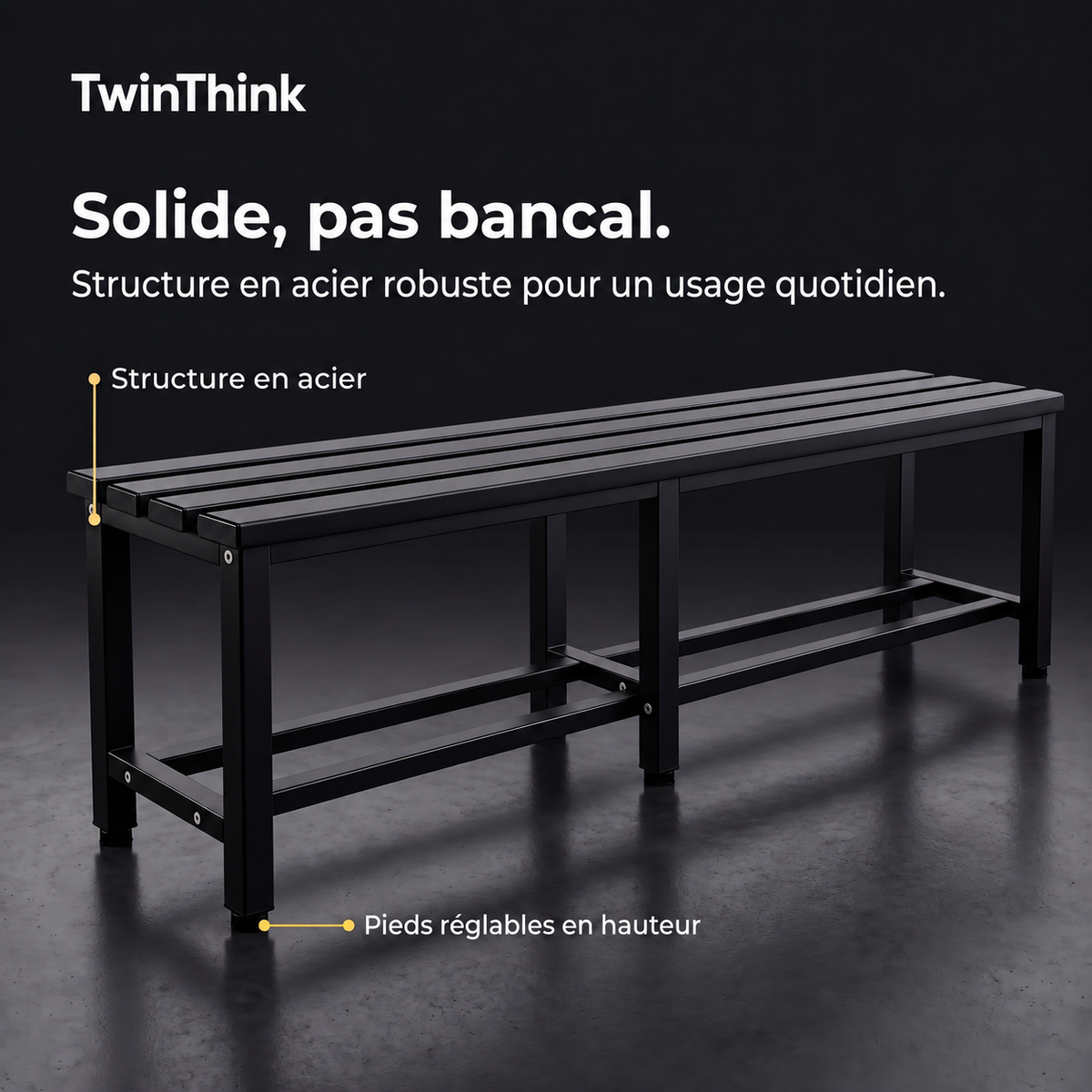 Banc de vestiaire métallique, 150×32×45 cm en noir Polar Black, structure en acier