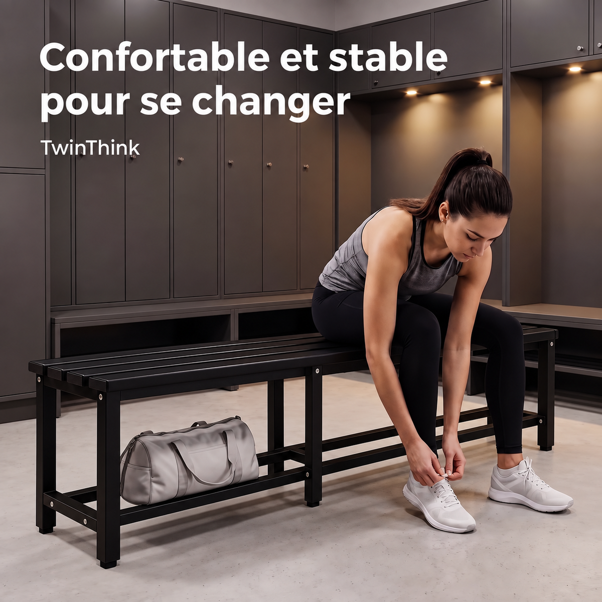 Banc de vestiaire métallique, 150×32×45 cm en noir Polar Black, dans un vestiaire de salle de sport