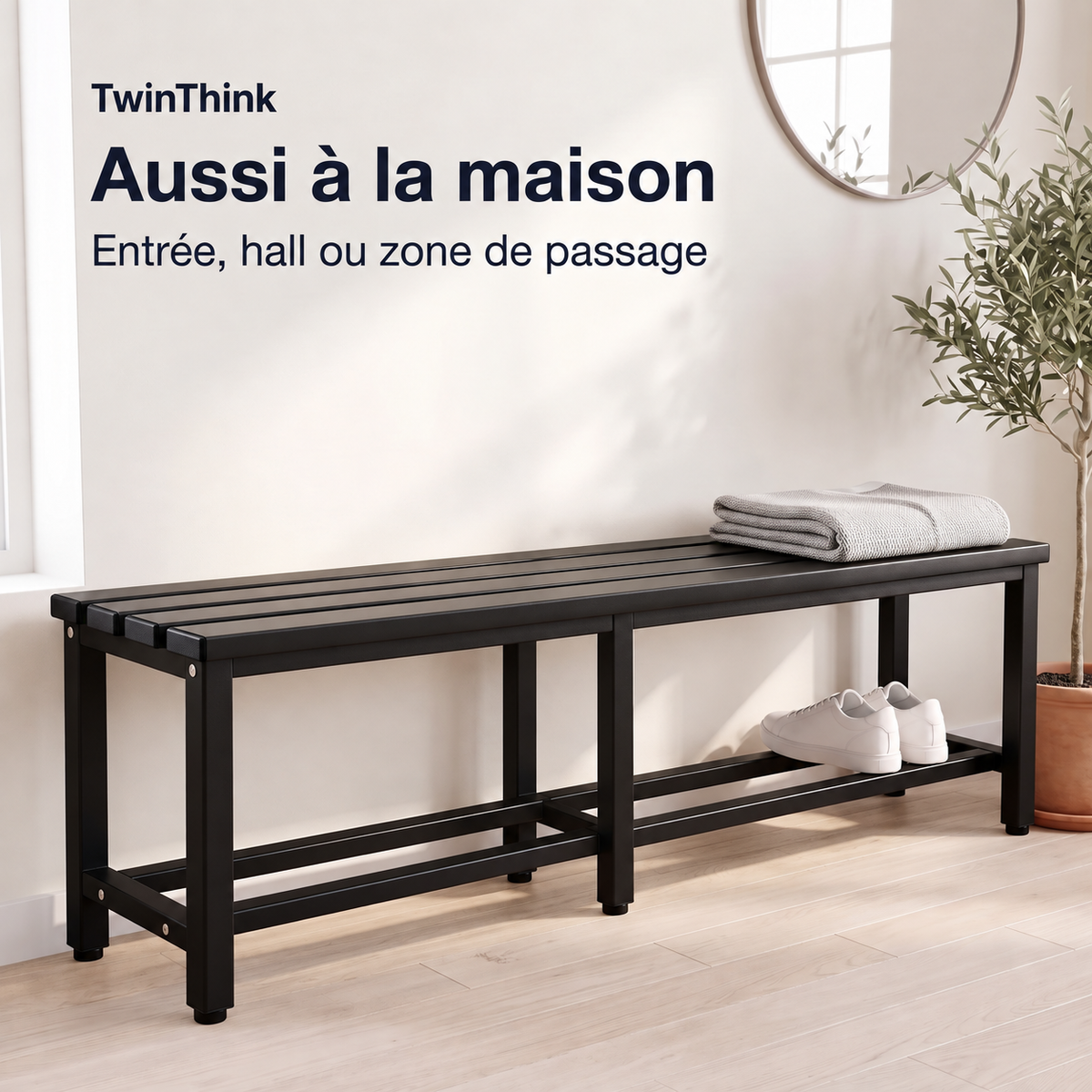 Banc de vestiaire métallique, 150×32×45 cm en noir Polar Black, dans l'entrée d'une maison
