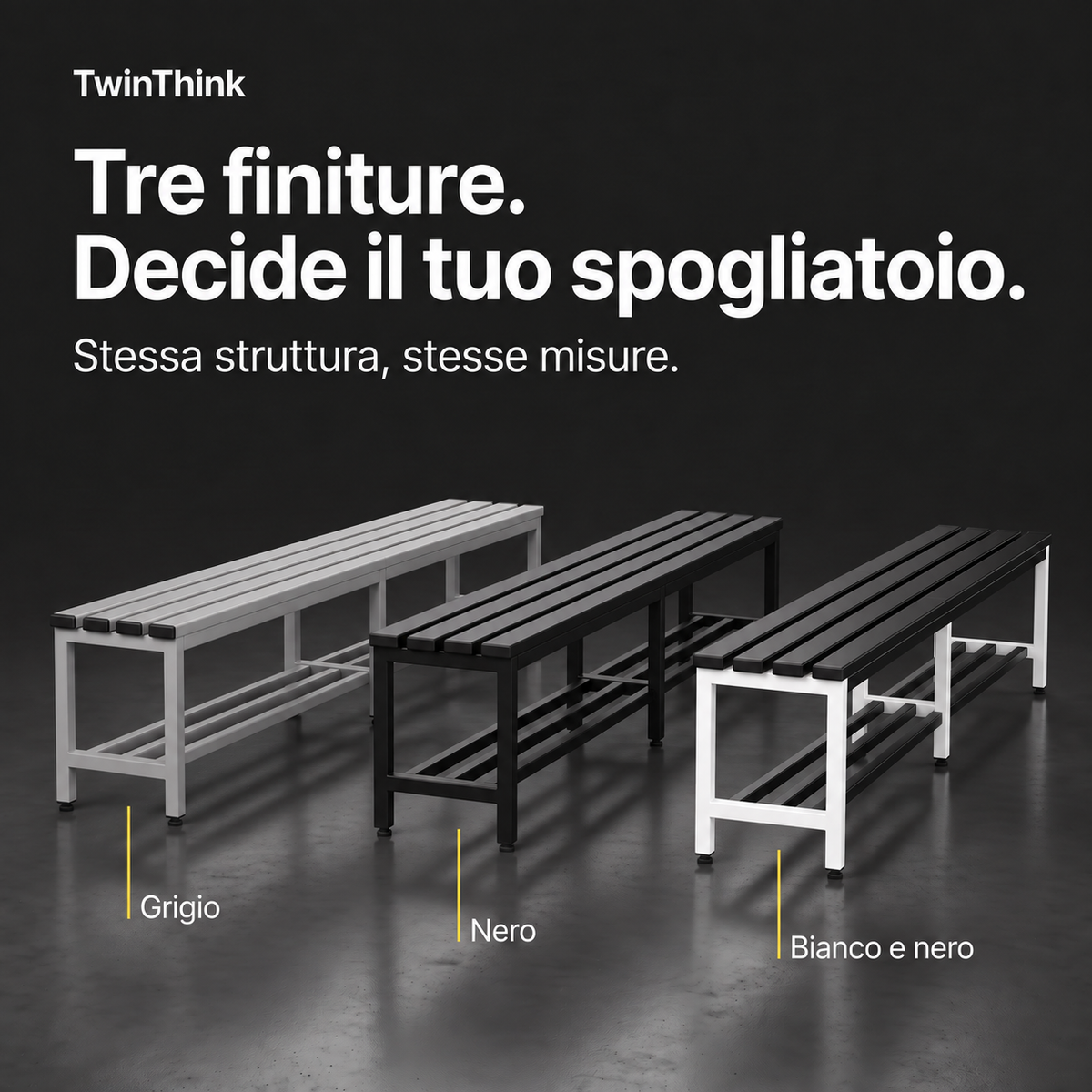 Panca da spogliatoio in metallo, 150×32×45 cm in nero Polar Black, le tre finiture: grigio, nero, bianco e nero