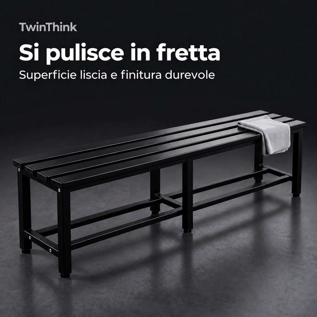 Panca da spogliatoio in metallo, 150×32×45 cm in nero Polar Black, superficie liscia che si pulisce in fretta