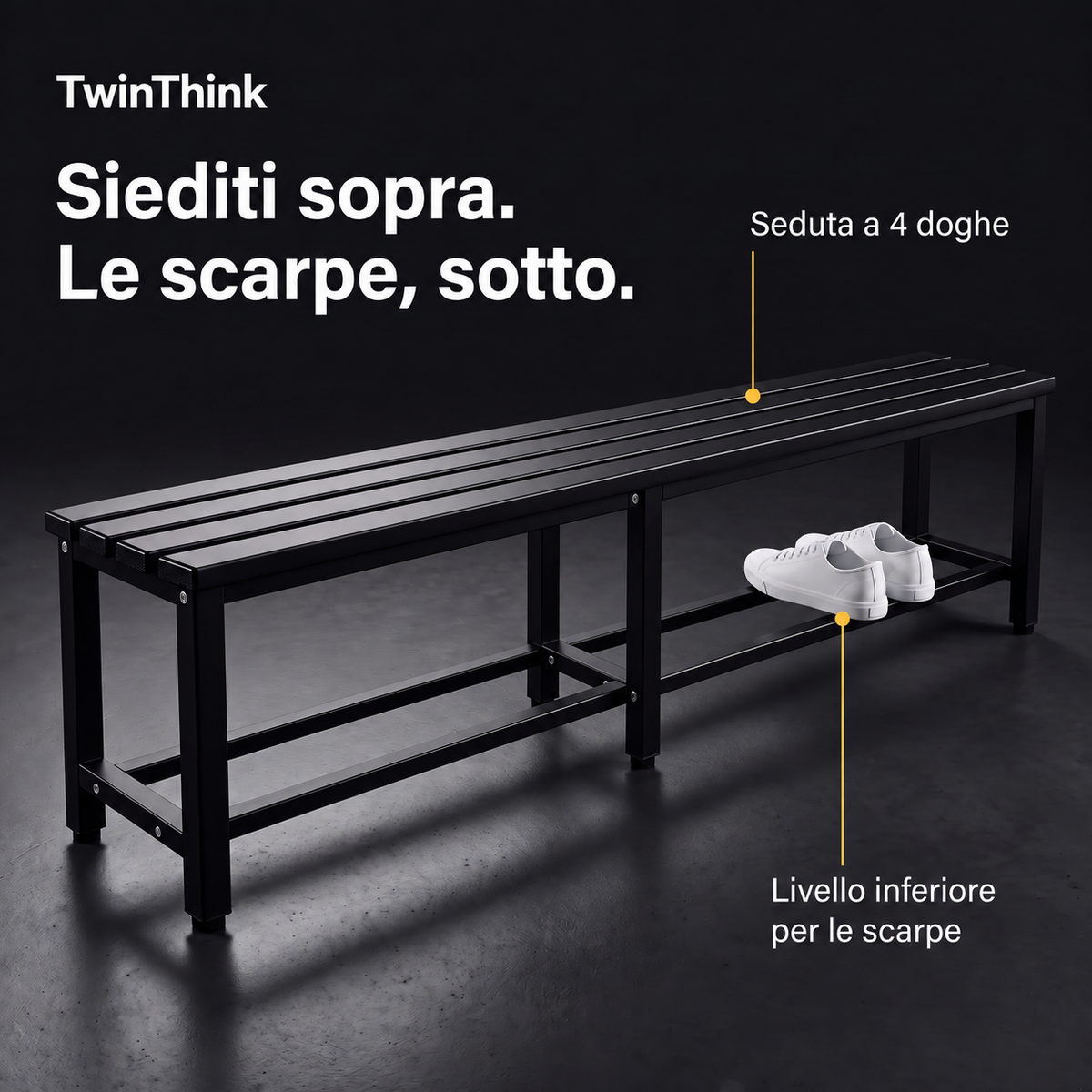 Panca da spogliatoio in metallo, 150×32×45 cm in nero Polar Black, seduta a 4 doghe e ripiano inferiore per le scarpe