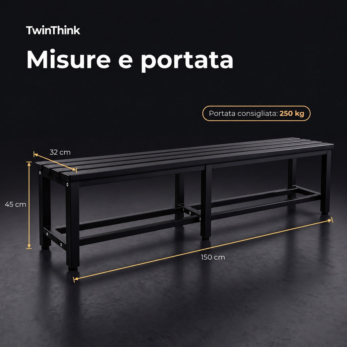 Panca da spogliatoio in metallo, 150×32×45 cm in nero Polar Black, misure e portata consigliata