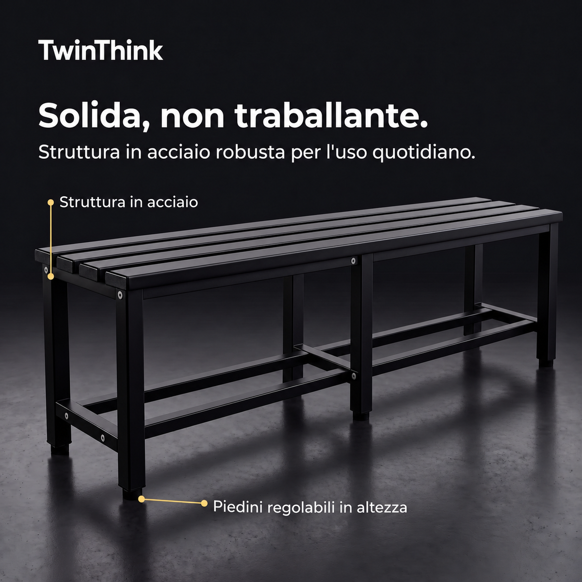 Panca da spogliatoio in metallo, 150×32×45 cm in nero Polar Black, struttura in acciaio
