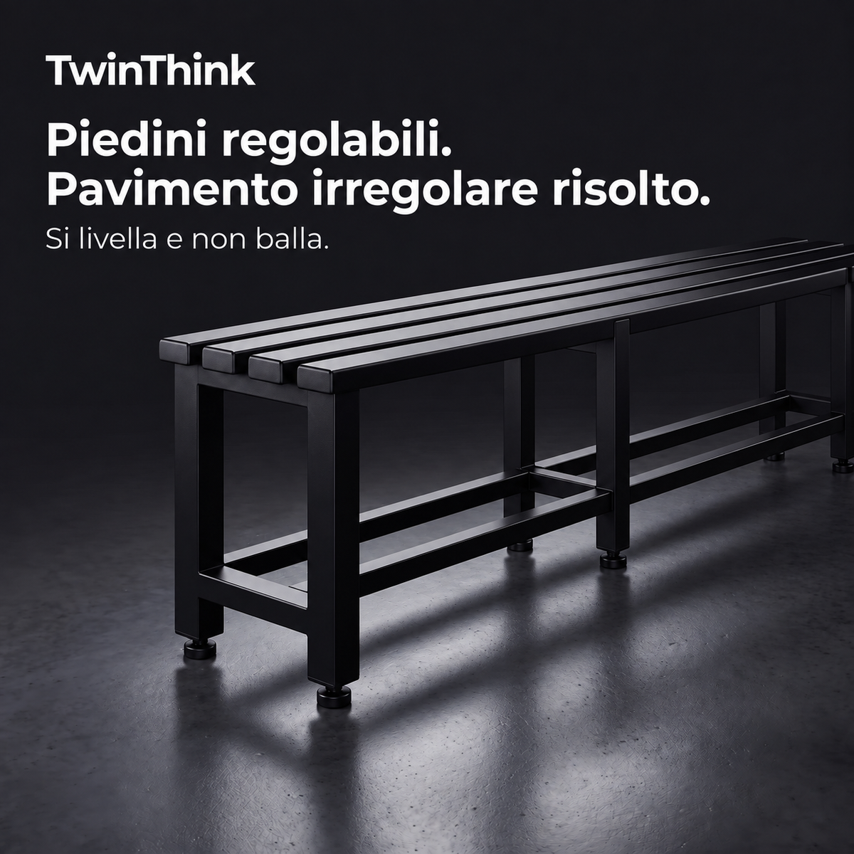 Panca da spogliatoio in metallo, 150×32×45 cm in nero Polar Black, piedini regolabili in altezza