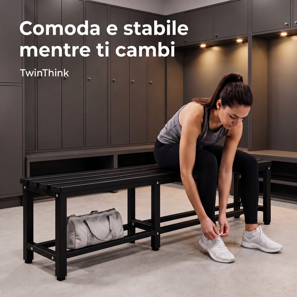 Panca da spogliatoio in metallo, 150×32×45 cm in nero Polar Black, in uno spogliatoio da palestra