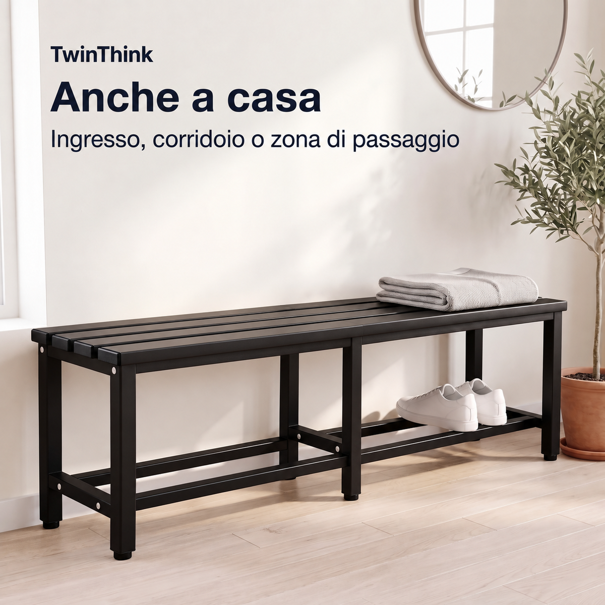 Panca da spogliatoio in metallo, 150×32×45 cm in nero Polar Black, nell'ingresso di casa