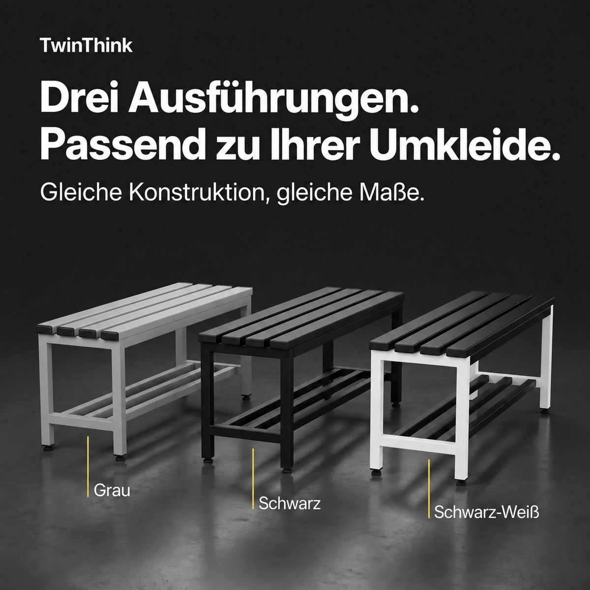 Umkleidebank aus Metall, 90×32×45 cm in Schwarz-Weiß (Eclipse), die drei Ausführungen: Grau, Schwarz und Schwarz-Weiß