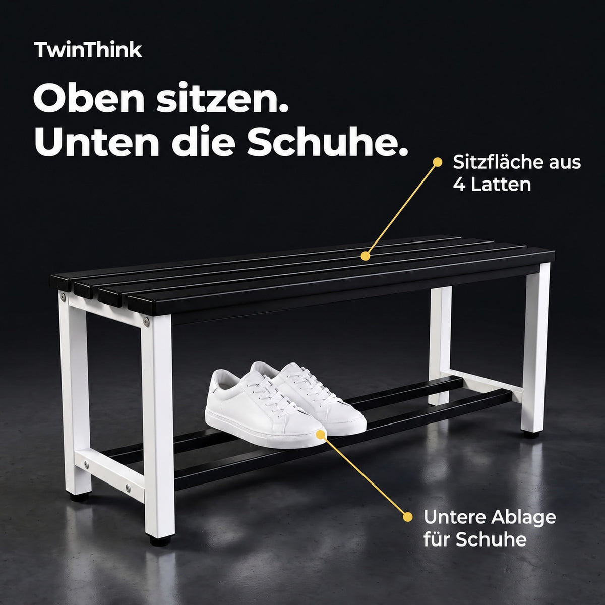Umkleidebank aus Metall, 90×32×45 cm in Schwarz-Weiß (Eclipse), Sitzfläche aus 4 Latten und Ablage für Schuhe