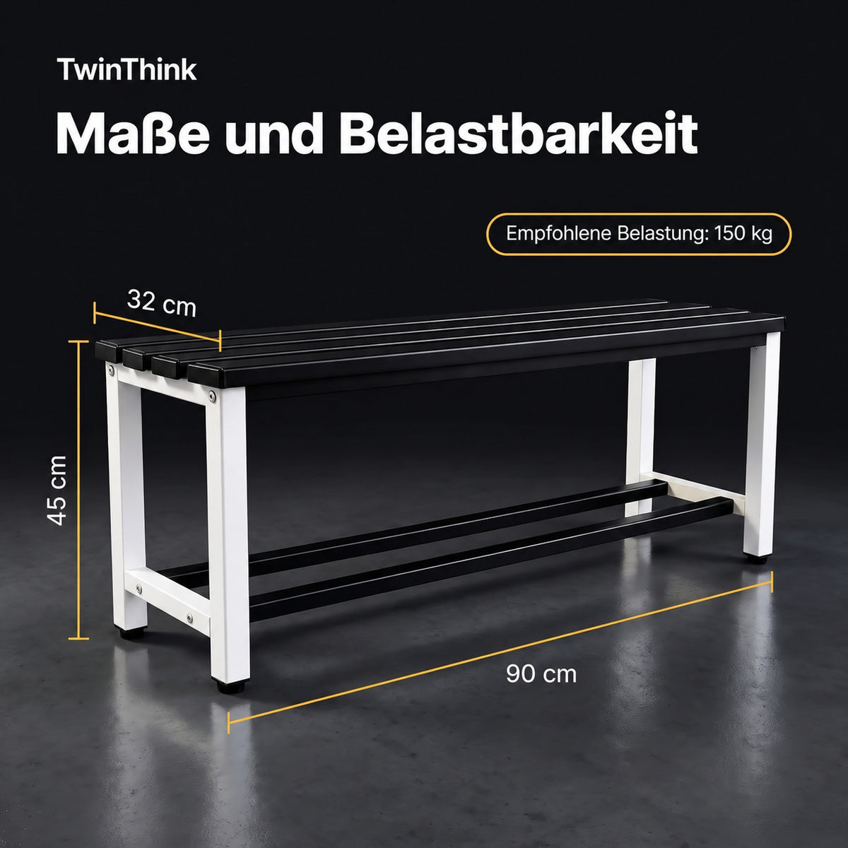 Umkleidebank aus Metall, 90×32×45 cm in Schwarz-Weiß (Eclipse), Maße und empfohlene Belastung