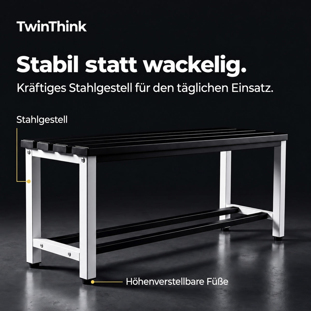 Umkleidebank aus Metall, 90×32×45 cm in Schwarz-Weiß (Eclipse), Stahlgestell