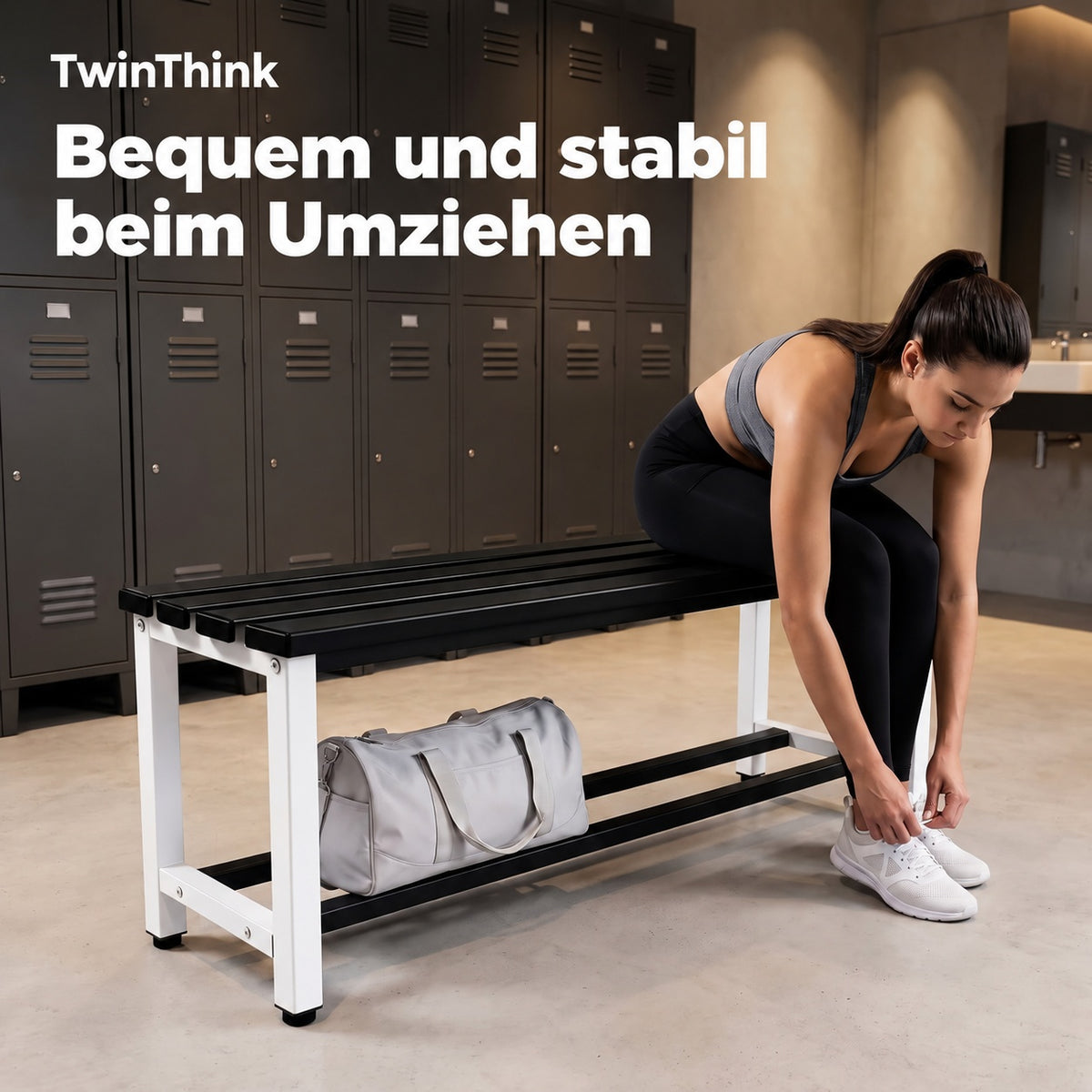 Umkleidebank aus Metall, 90×32×45 cm in Schwarz-Weiß (Eclipse), in einer Umkleide im Fitnessstudio
