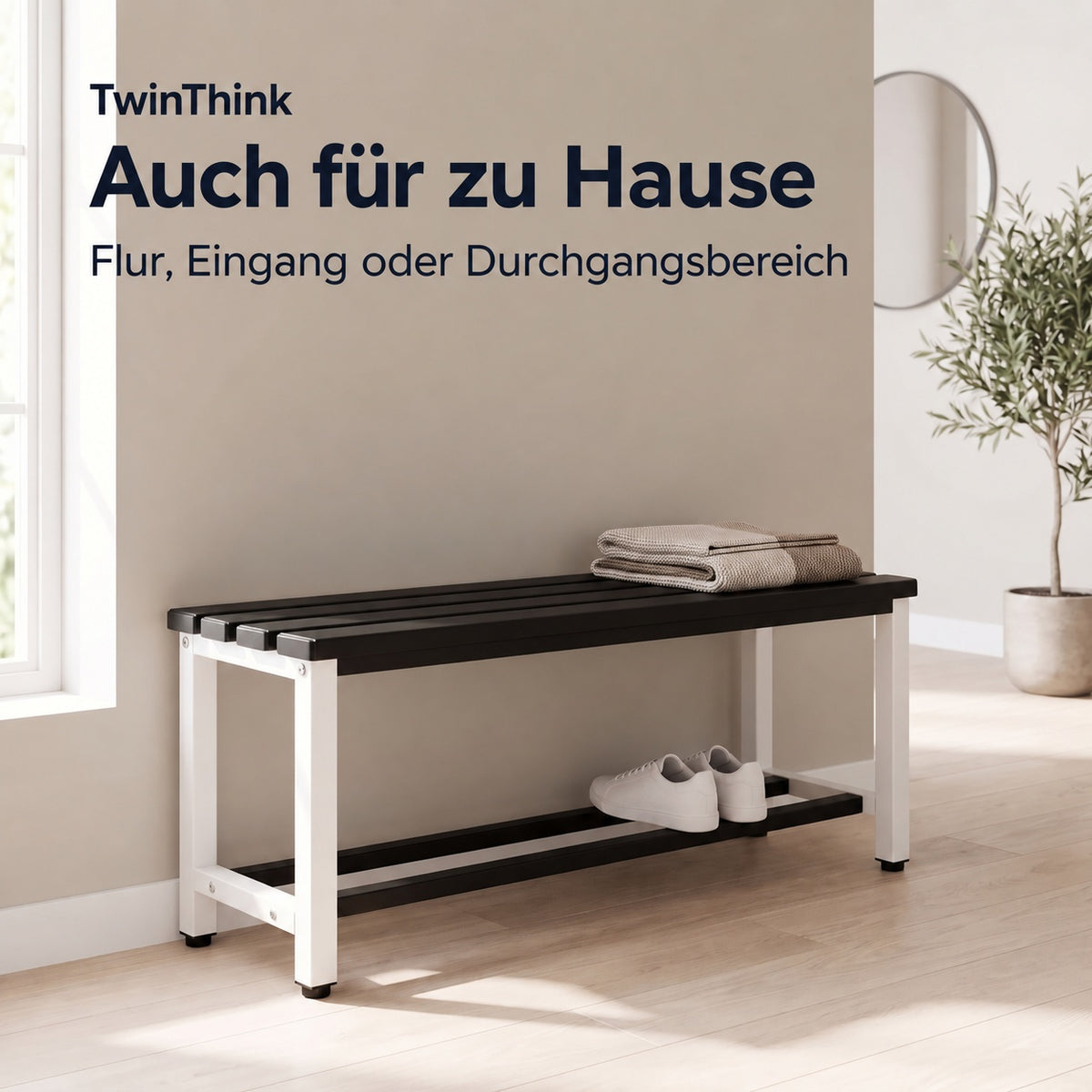 Umkleidebank aus Metall, 90×32×45 cm in Schwarz-Weiß (Eclipse), im Flur zu Hause