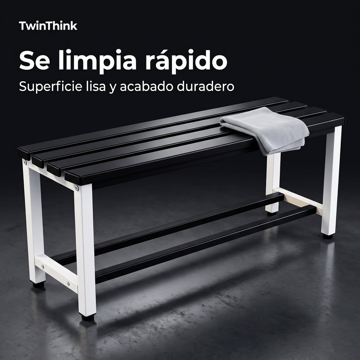 Banco vestuario metálico 90 x 32 x 45 cm en blanco y negro, superficie lisa que se limpia rápido