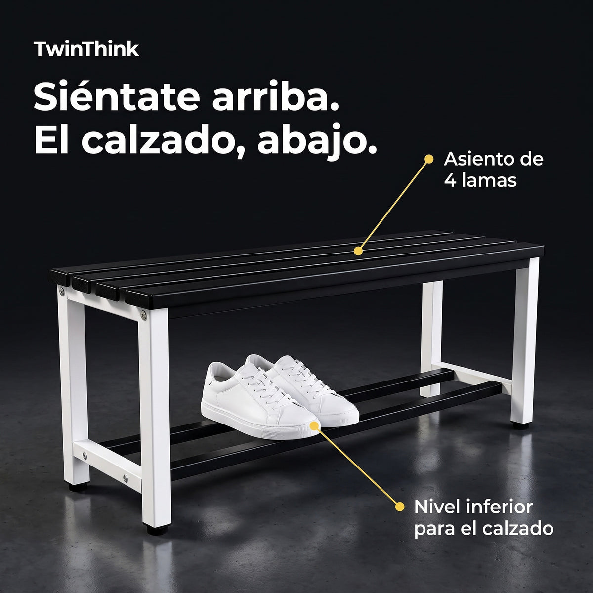 Banco vestuario metálico 90 x 32 x 45 cm en blanco y negro, asiento de 4 lamas y estante inferior para el calzado