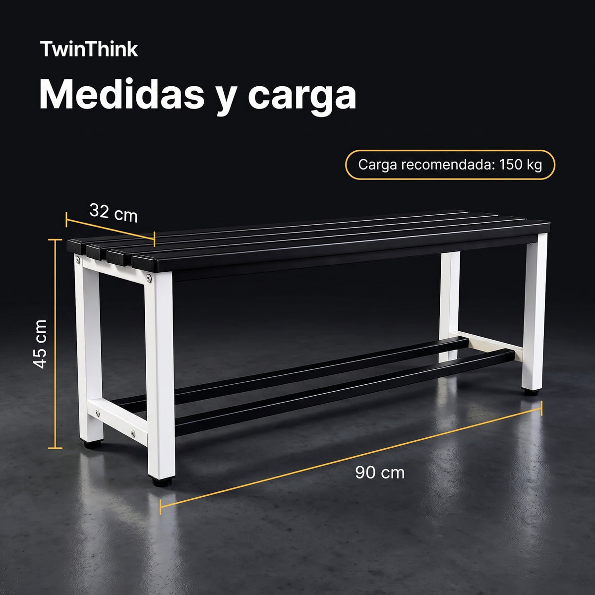 Banco vestuario metálico 90 x 32 x 45 cm en blanco y negro, medidas y carga recomendada
