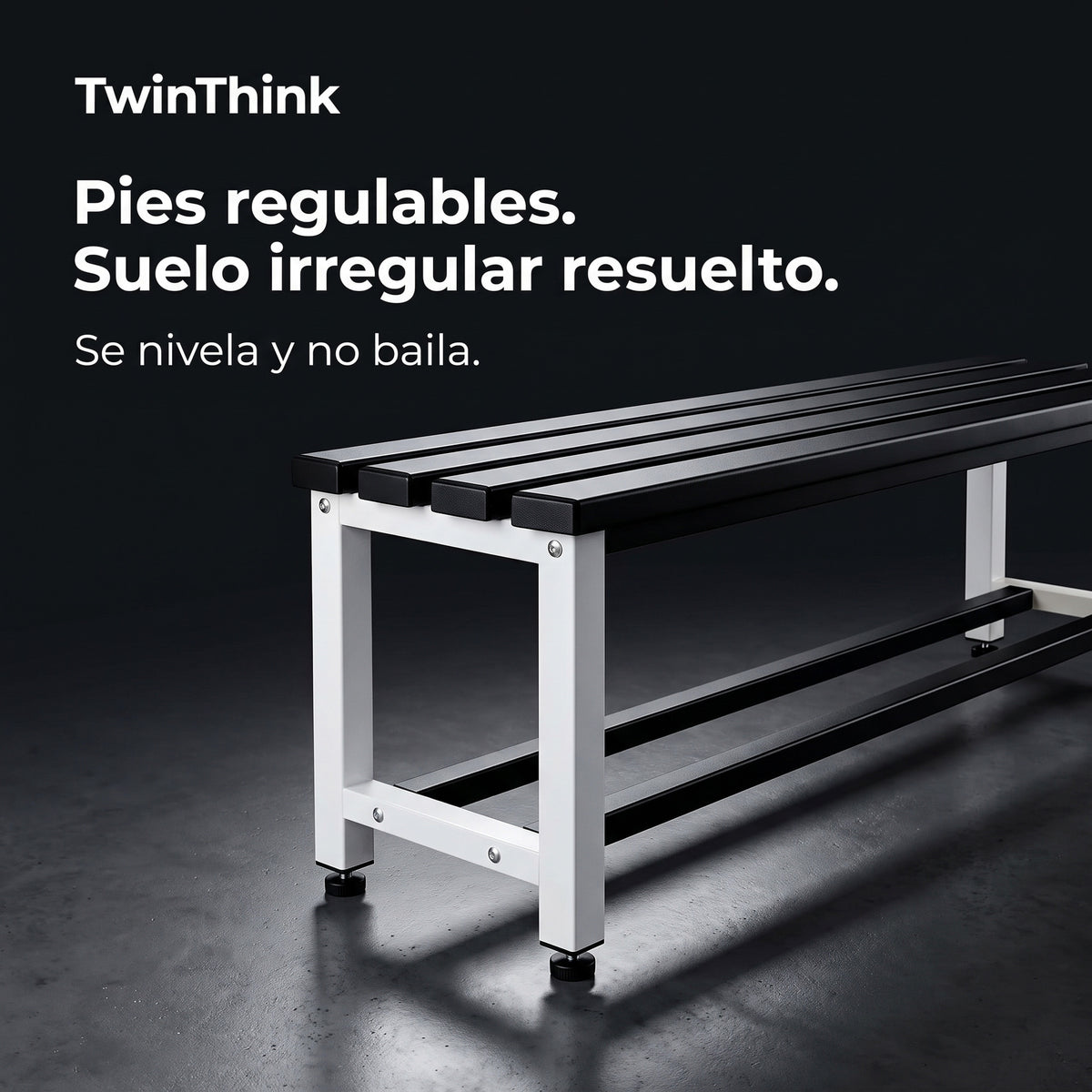 Banco vestuario metálico 90 x 32 x 45 cm en blanco y negro, pies regulables en altura