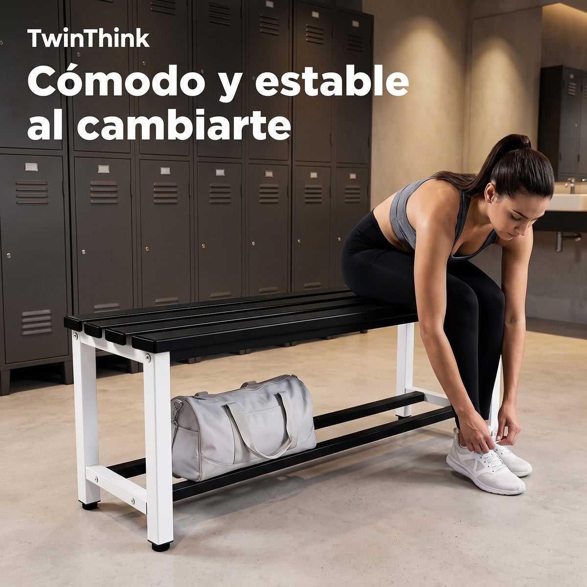 Banco vestuario metálico 90 x 32 x 45 cm en blanco y negro, en un vestuario de gimnasio