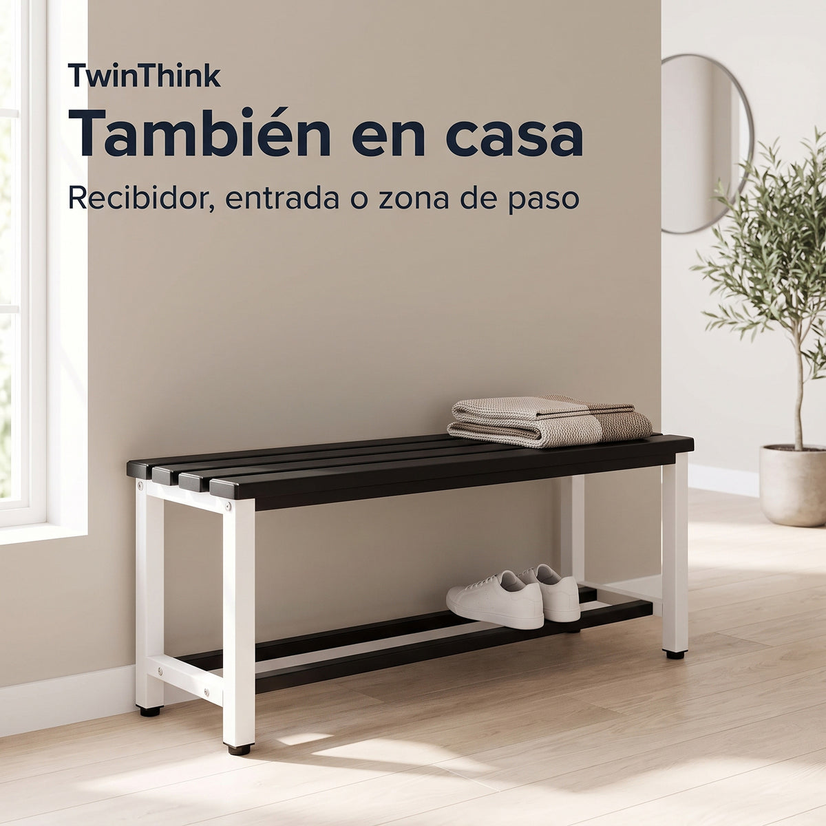 Banco vestuario metálico 90 x 32 x 45 cm en blanco y negro, en el recibidor de casa