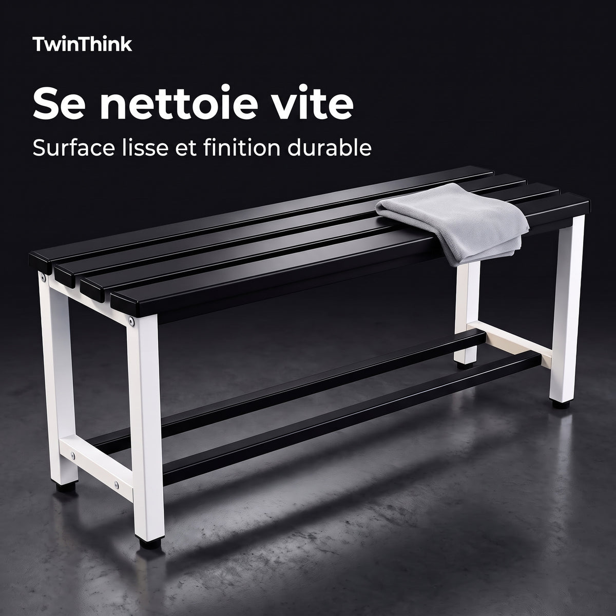 Banc de vestiaire métallique, 90×32×45 cm en noir et blanc (Eclipse), surface lisse qui se nettoie vite