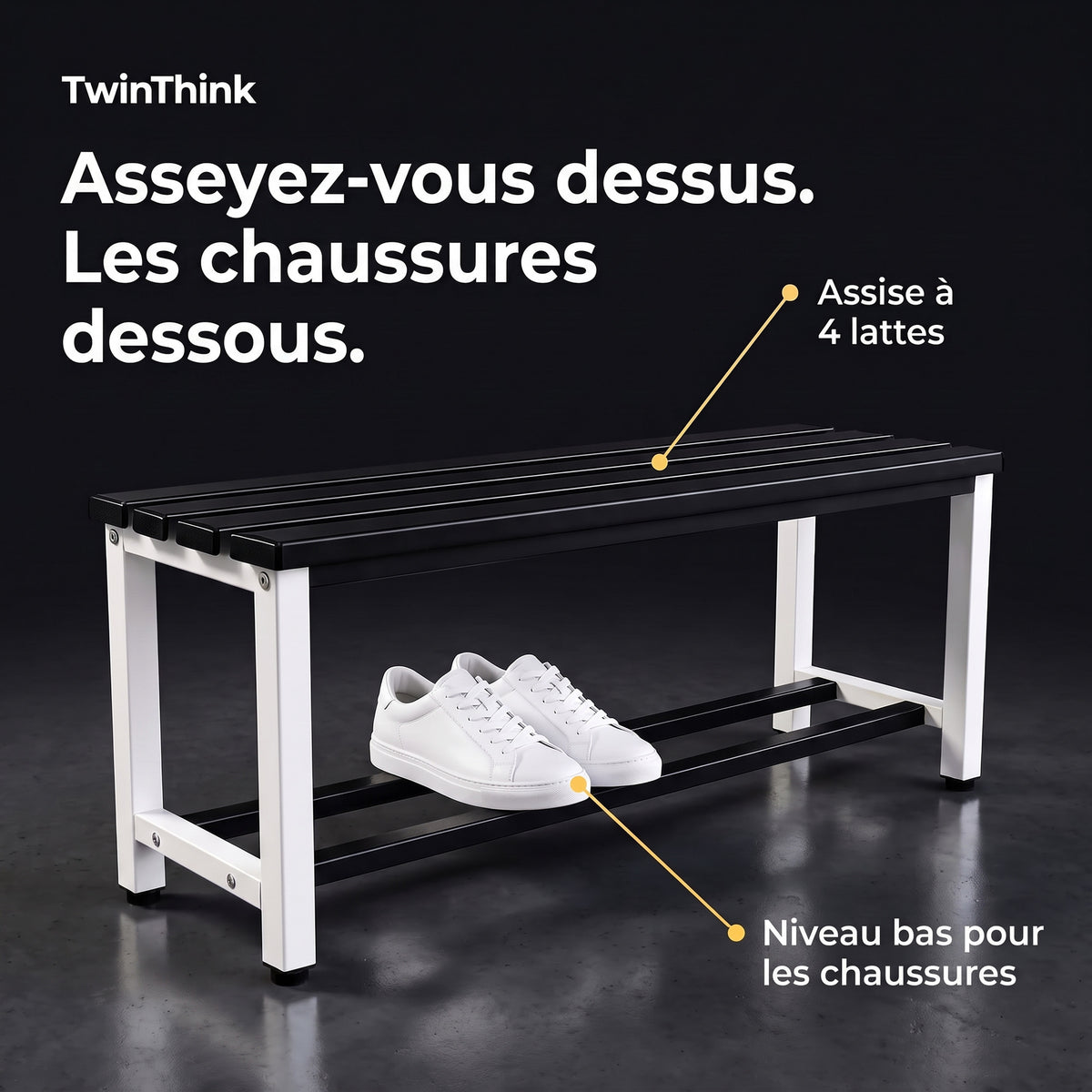 Banc de vestiaire métallique, 90×32×45 cm en noir et blanc (Eclipse), assise à 4 lattes et niveau bas pour les chaussures