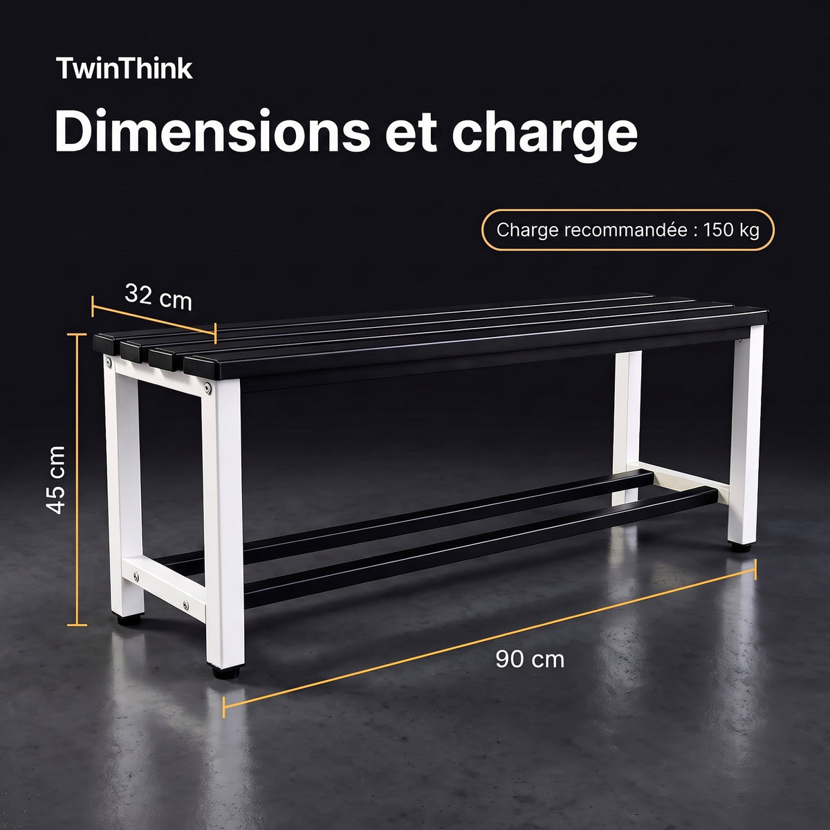 Banc de vestiaire métallique, 90×32×45 cm en noir et blanc (Eclipse), dimensions et charge recommandée