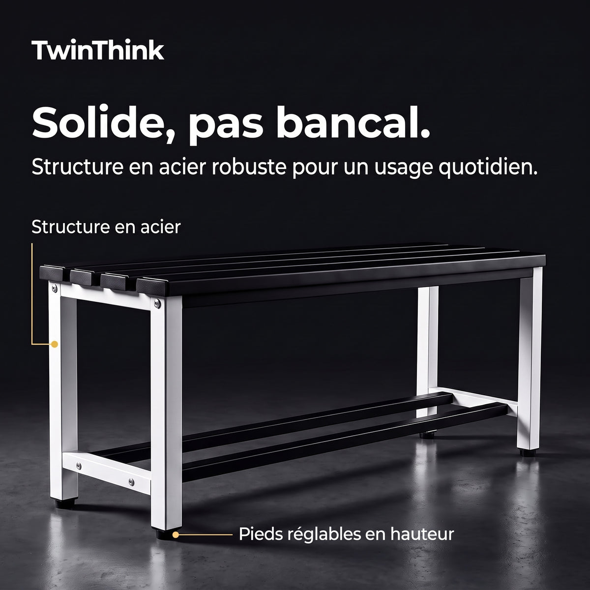 Banc de vestiaire métallique, 90×32×45 cm en noir et blanc (Eclipse), structure en acier