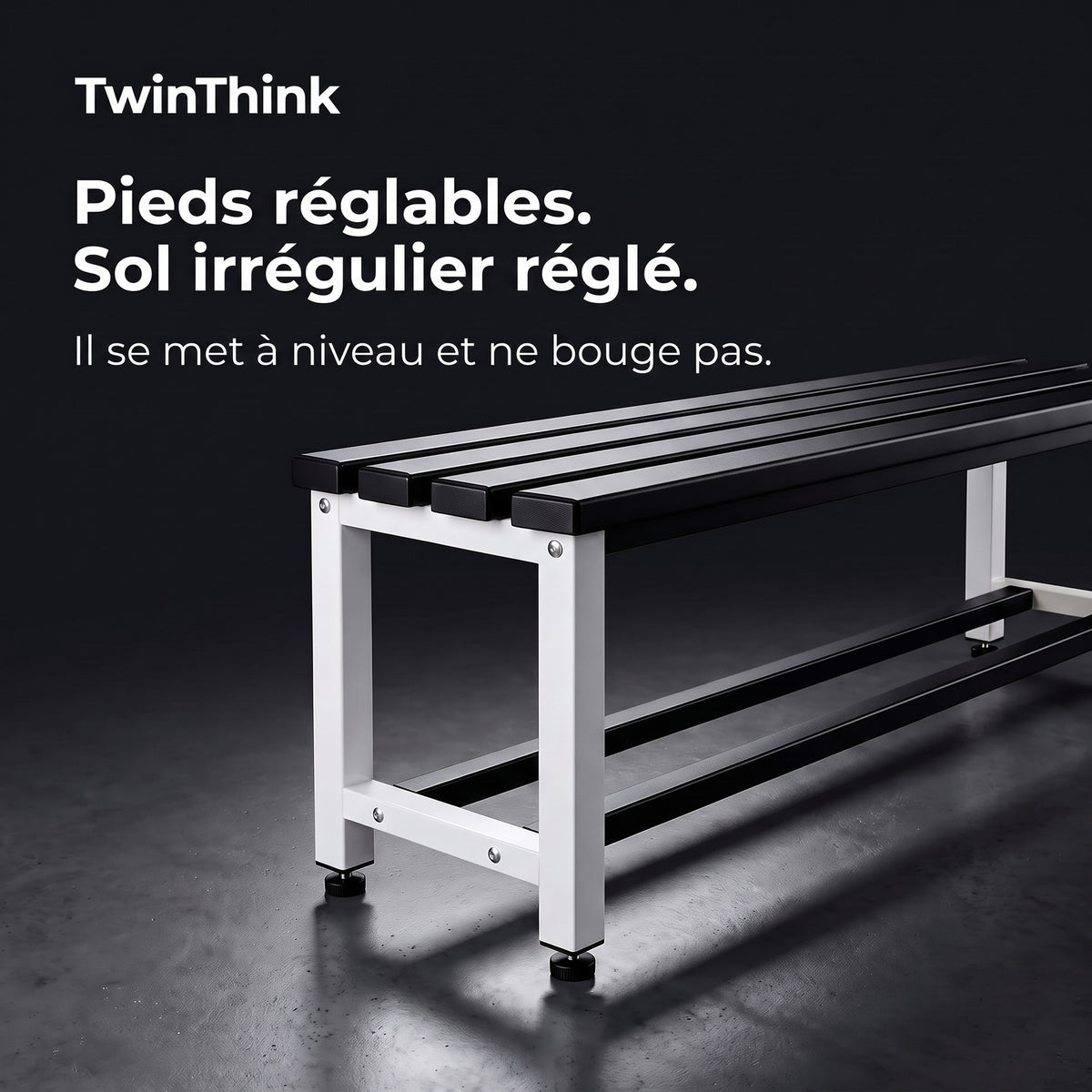 Banc de vestiaire métallique, 90×32×45 cm en noir et blanc (Eclipse), pieds réglables en hauteur